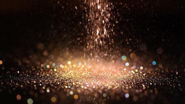 Golden rose glitter powder falling down with shiny bokeh effect, macro slow motion cosmetic shimmer texture for luxury makeup brand.