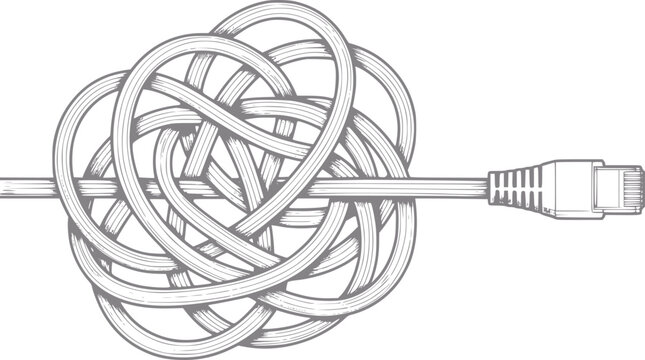 Tangled ethernet cable with rj45 connector in a complex knot