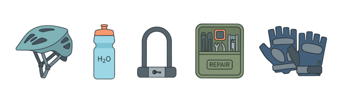 Bicycle helmet, water bottle, U-lock, repair kit, cycling gloves are essential accessories for safe and enjoyable bike riding and maintenance.