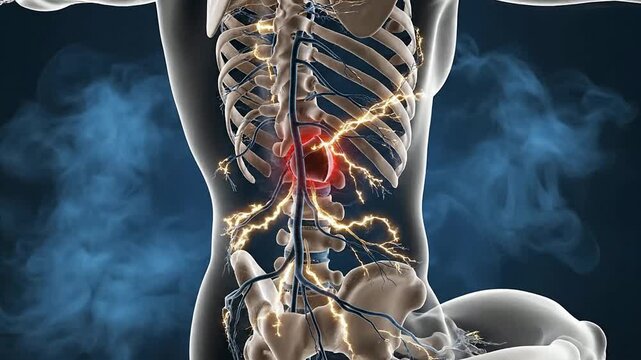 Anatomical Illustration Of Human Torso Highlighting Nervous System With Glowing Pathways Against Dark Smoky Background