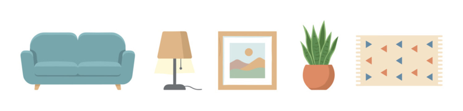 Living room furniture and decor items collection in a modern flat illustration style, perfect for interior design concepts and home furnishing advertisements.