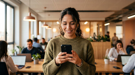 Fototapeta premium Woman smiling while using smartphone in modern coworking office space during daytime