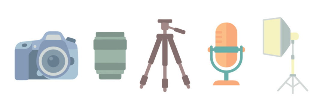 Essential content creation tools featuring a modern digital camera, telephoto lens, tripod, microphone, and softbox for professional media.