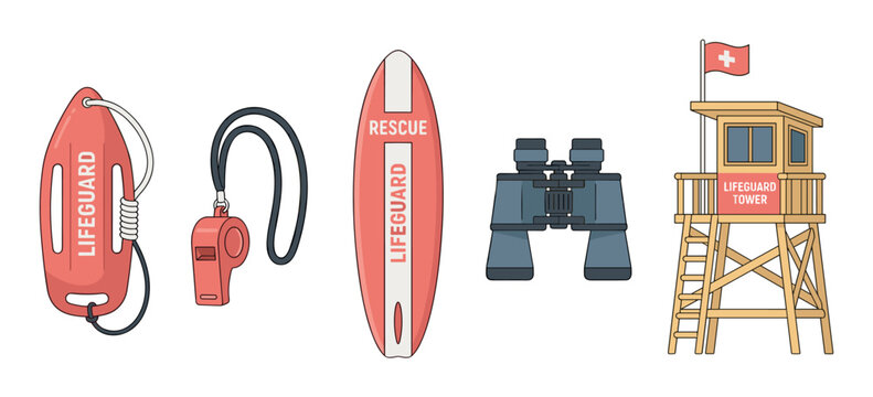 Lifeguard rescue equipment and beach safety tools collection featuring rescue buoy whistle surfboard binoculars and observation tower for coastal emergency monitoring