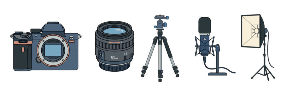 Essential photography and videography tools like a modern camera, prime lens, sturdy tripod, studio microphone, and softbox light setup.