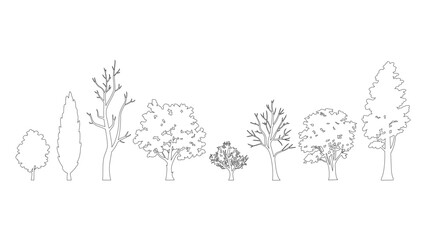 Fototapeta premium Set of outline vector forest tree line art, pine, oak, fir trees flat vector illustration collection.