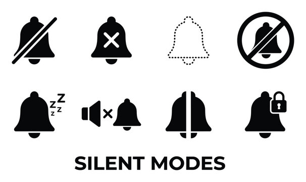 Collection of silent mode bell icons representing various notification settings and quiet states.