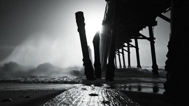 Dramatic black and white video of ocean waves crashing against weathered pier pilings at beach shoreline