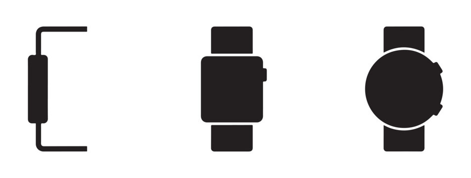 Set of black smart watch and circular dial silhouettes for user interface prototyping on transparent grid pattern.
