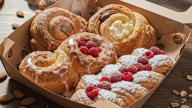 Assorted Freshly Baked Pastries In A Takeaway Box Including Cinnamon Rolls And Raspberry Topped Treats