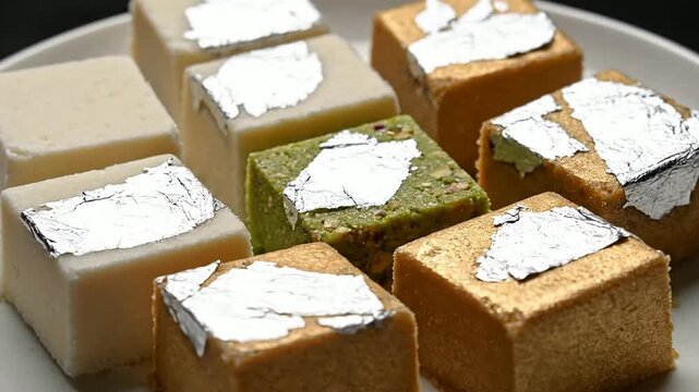 Assorted Traditional Indian Sweets Adorned With Edible Silver Leaf On Elegant Plate