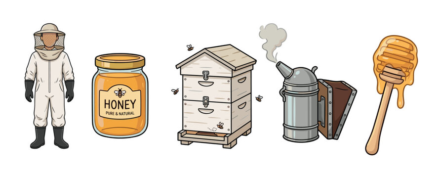 Beekeeping equipment, honey products, and a beekeeper illustration set depicting the essential tools and delicious results of apiculture.