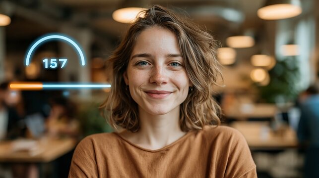 Young woman with brown hair smiling while glowing digital interface elements hover in the air