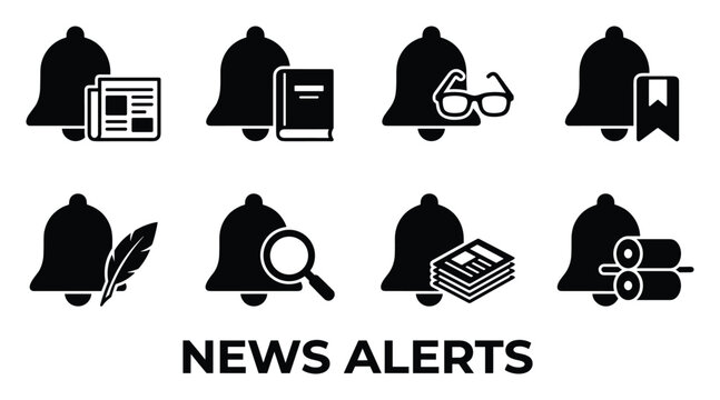News alerts bell icons set with newspaper book glasses feather magnifying glass and newspaper stack.