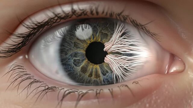 Close-Up Detailed Human Eye Showcasing Intricate Iris Patterns and Textures With Color Variations and Light Reflections for Medical and Biological Studies