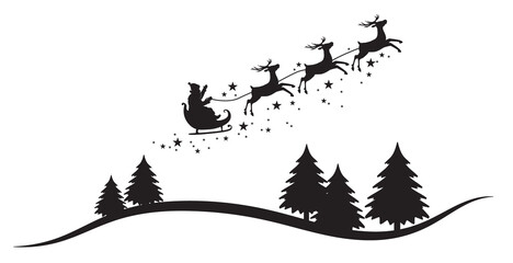 Black silhouette of Santa Claus flying in a sleigh on a reindeer sleigh surrounded by stars above a fir-trees. Illustration on a transparent background © tiena