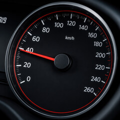 Fototapeta premium Modern car speedometer dashboard gauge showing high speed with a red needle on a dark black background