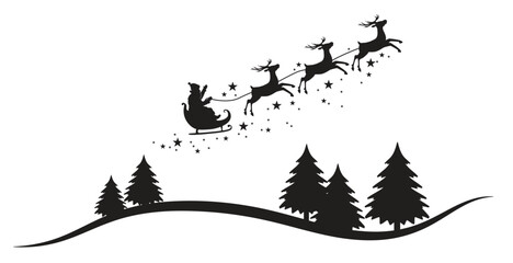 Black silhouette of Santa Claus flying in a sleigh on a reindeer sleigh surrounded by stars above a fir-trees. Vector illustration isolated on a white background © tiena