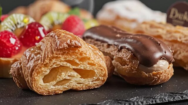 Close-Up Of Assorted Delicious Pastry Treats Including Croissants And Eclairs on Dark Background Perfect for Bakery and Dessert Promotions
