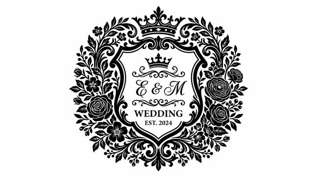 Elegant black and white vector illustration of a vintage wedding label featuring a floral crown, monogram 'E & M', and 'WEDDING EST. 2024' text, set against a plain white background.
