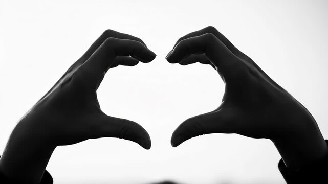 A black and white silhouette of two hands forming a heart shape together