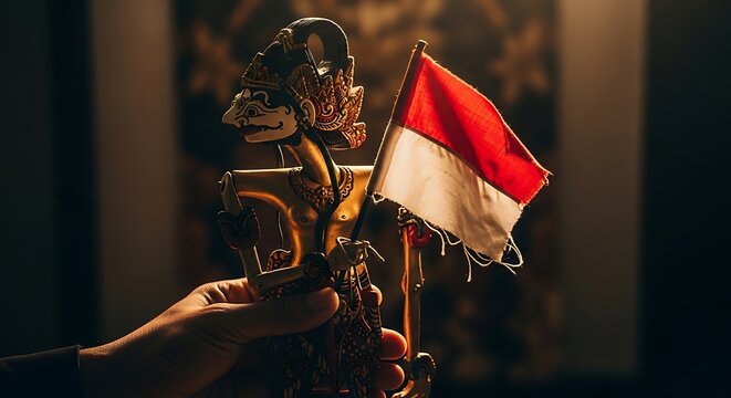 Hand holding a traditional Indonesian wayang kulit puppet with a flag