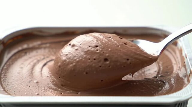 Close-Up Of Creamy Chocolate Mousse Being Scooped From Metal Container Showing Glossy Texture Ideal For Culinary Presentations or Dessert Recipes