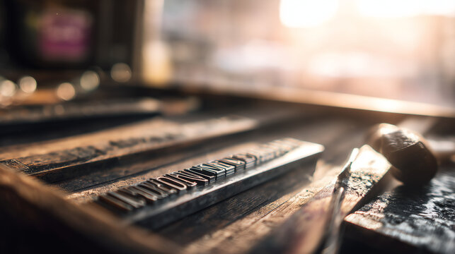 Macro close-up of inked metal movable type arranged in a composing stick on a worn wooden bench bathed in warm window light inside a traditional letterpress printing workshop