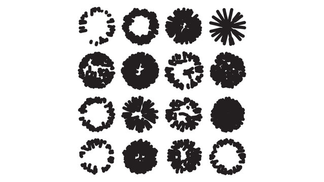 Minimalist black hand drawn tree top view collection for landscape architect garden design.