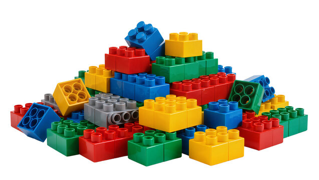 Pile of colorful interlocking plastic building blocks