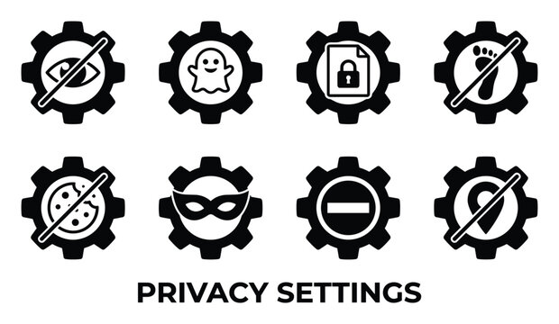 Privacy settings icons on gears: no eye, ghost, document with lock, footprint, cookie, hacker, no entry, and map pin.