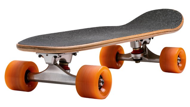 Skateboard with orange wheels and black grip tape