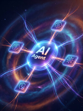 AI Agent network visualization, artificial intelligence automation, intelligent agents, data connectivity, machine learning, digital ecosystem, enterprise AI, future technology, interface, copy space