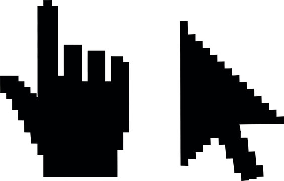 Pixel art silhouette of a hand and cursor on a white background