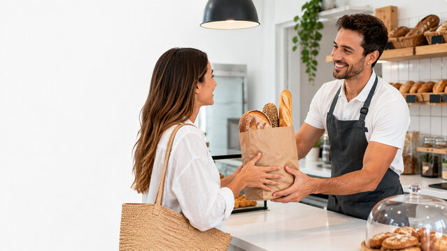 Baker giving bag of fresh bread to customer in bakery