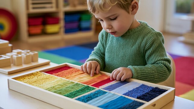 Cute little boy in a green sweater exploring colorful fabric textures in a wooden tray