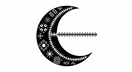 Fototapeta premium Stylized crescent moon adorned with intricate geometric patterns and a linear element