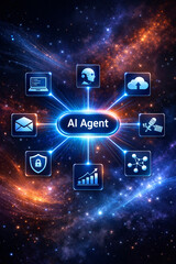 Fototapeta premium AI Agent network visualization, artificial intelligence automation, intelligent agents, data connectivity, machine learning, digital ecosystem, enterprise AI, future technology, interface, copy space