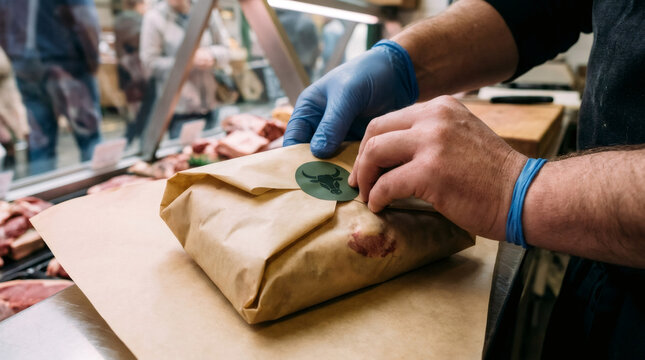 Butcher wrapping fresh meat in brown paper at local market. Man wearing protective glove seals package with logo sticker. Food retail industry service and healthy nutrition concept.