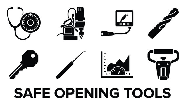 Safe opening tools icons collection vector set flat design isolated on white background locksmith equipment.