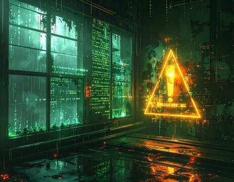 デジタルモニターに表示されたプログラミングコードと光る三角形の警告マーク、サイバーパンクなシステムエラーのイメージのAI生成イラスト。
