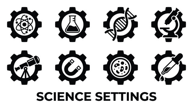 Science settings gear icons set with atom laboratory flask dna helix microscope and magnet symbols.