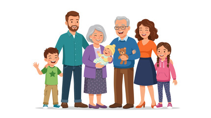 Fototapeta premium Happy multi-generational family posing together, diverse ages, isolated on white background