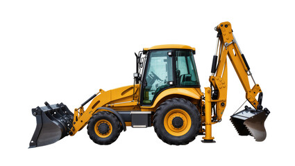 Yellow backhoe loader with front loader and excavator arm © Gabriela