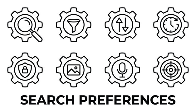 Search preferences outline gear icons magnifying glass funnel arrows clock lock image microphone target.