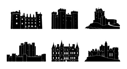 Castle Silhouettes, Medieval Fortresses, Historic Architecture, Vector Icons Set © Musfika