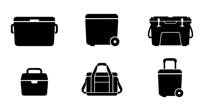 Cooler Icons Set, Portable Ice Chests, Rolling Coolers, Travel Bags, Black Vector Graphics