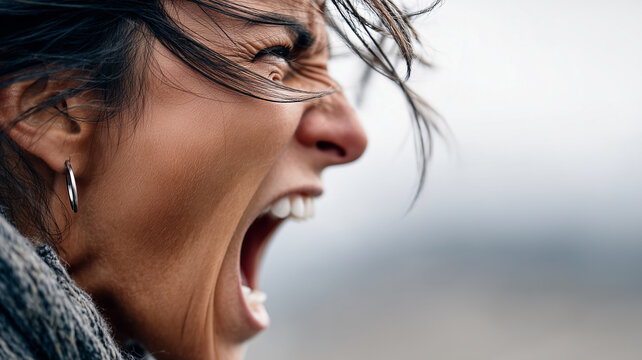 Close up side profile of a furious woman shouting with her mouth wide open outdoors.