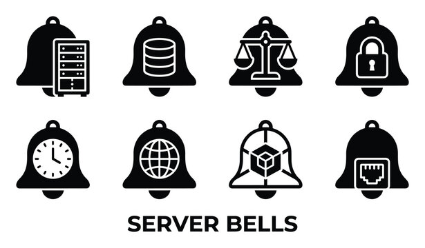 Server bells filled icons set with server, database, scales, lock, clock, globe, cube, network cable.