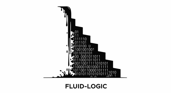 Abstract concept of fluid logic represented by binary code flowing down stairs